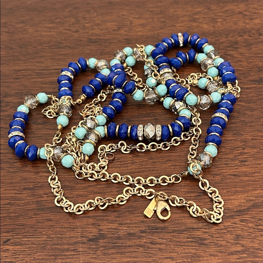 INC Crystals Blues And Gold Long Beaded Necklace